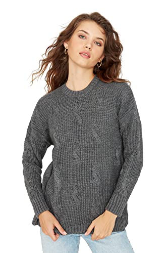 Trendyol Damska bluza z okrągłym dekoltem z dzianiny regularna bluza, Antracyt, L