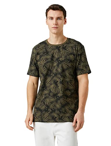 Koton Męski T-shirt z nadrukiem psychodelicznym okrągłym dekoltem, z krótkim rękawem, krój slim fit, Green Design (01a), L