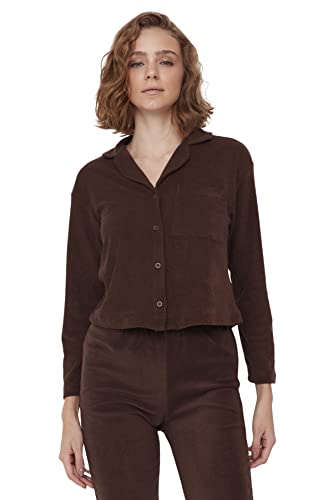 Trendyol Damski dopasowany standardowy kołnierz z klapą dzianinowy sweter kardigan, brązowy, XL, Brązowy, XL