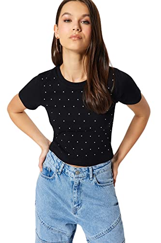 Trendyol Damska koszulka z dzianiny slim fit basic z okrągłym dekoltem, Czarny, S