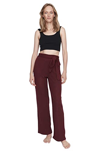 Trendyol Damskie spodnie domowe z wysokim stanem z prostymi nogawkami, Burgund, XL