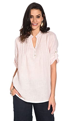 Bonateks damska top 100% lniana tunika Made in Italy, top zapinany na guziki z kołnierzem tunezyjskim i składanymi z przodu, satyna, rozmiar: XL, Satyna, XL