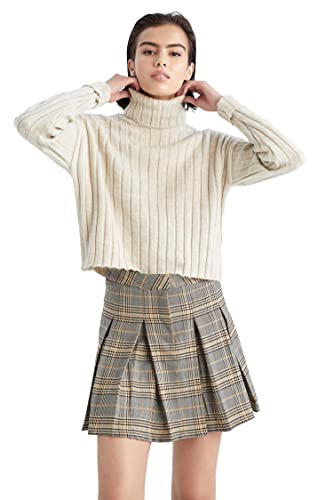 DeFacto Sweter normalny krój dla kobiet - sweter z golfem na topy damski (beżowy melanż, XL), Be?owy Melan?, XL