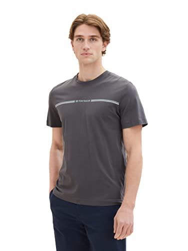 T-shirt męski TOM TAILOR z nadrukiem w paski i logo, 10899-Szary asfalt, M