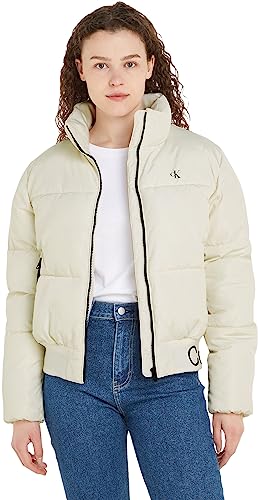 Calvin Klein Jeans Damska kurtka puchowa z logo i obszyciem, biały, M