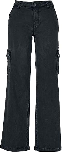 Urban Classics Damskie spodnie cargo z wysokim stanem, proste denim, spodnie cargo, Black washed, 30