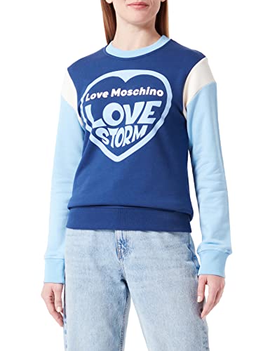 Love Moschino Damska bluza z nadrukiem w bloki kolorów z długim rękawem z miłością burza serce woda nadruk bluza, Błękitne niebo niebieski biały, 72