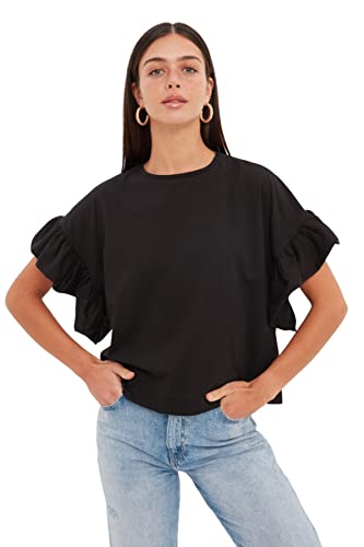 Trendyol Damska koszulka z dzianiny z okrągłym dekoltem, Czarny, XS