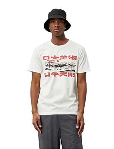 Koton Męski t-shirt z nadrukiem Far East Printed Slim Fit Crew Neck Cotton, biały (000), XXL