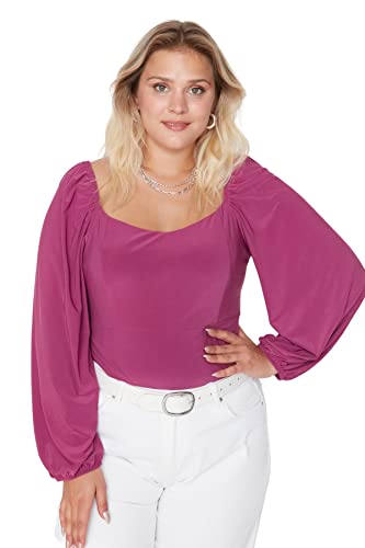 Trendyol Kobieta Slim Standard Kochanie Tkaniny Plus Rozmiar Blouse Koszula Damska, Fuksja, 3XL