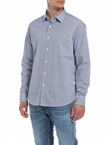 Replay Koszula męska, Navy/Light Blue Stripe 010, L