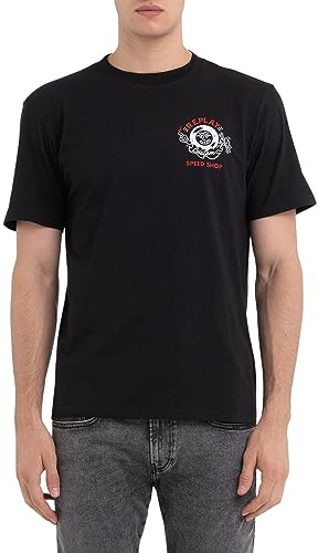 Replay Męski T-shirt z krótkim rękawem, okrągły dekolt, Speedshop, Black 098, XS