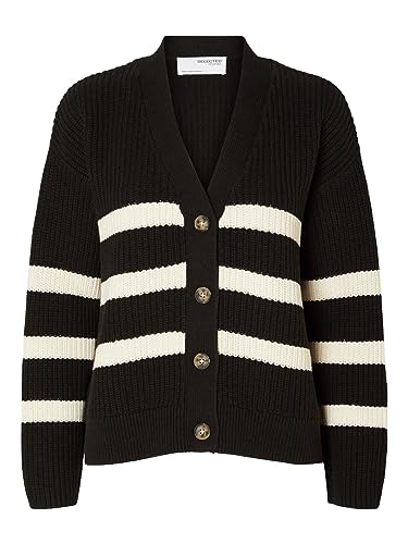 SELECTED FEMME SLFBLOOMIE LS Knit V-Neck Kardigan NOOS, Czarny/paski: śnieżnobiały, L