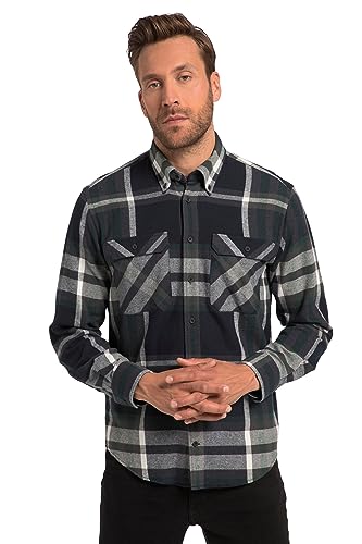 JP 1880 Męska koszula flanelowa w kratkę, długi rękaw, kołnierzyk zapinany na guziki, nowoczesny krój, granatowy, 3XL Wysokość