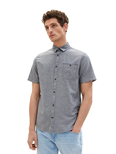 TOM TAILOR Chambray męska koszula z krótkim rękawem z kieszenią na piersi, 28941 - Navy Chambray, L