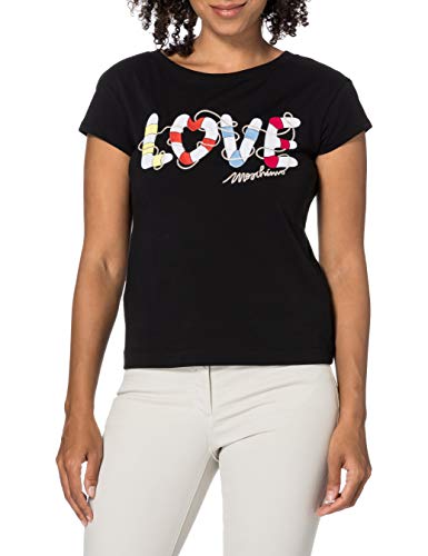 Love Moschino Damska koszulka z krótkim rękawem, spersonalizowana z haftem Maxi Love Lifesaver Hearts, Czarny, 68