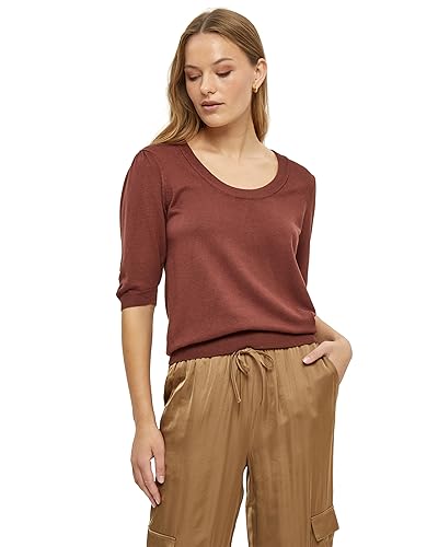 Minus Damska koszulka z dzianiny Pam z okrągłym dekoltem, ciemnobrązowa, XS, Dark Cinnamon Brown, XS