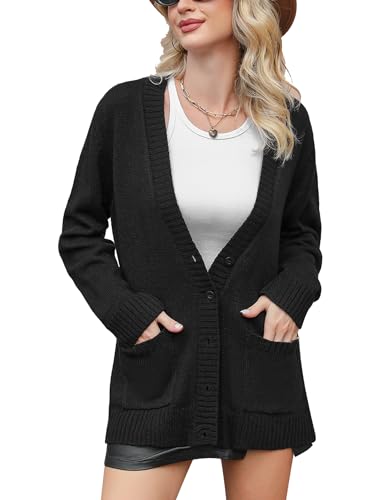 Irevial Damski kardigan z długim rękawem, elegancki płaszcz z dzianiny, z zapięciem na guziki i kieszeniami, S-XXL, 1-czarny, L