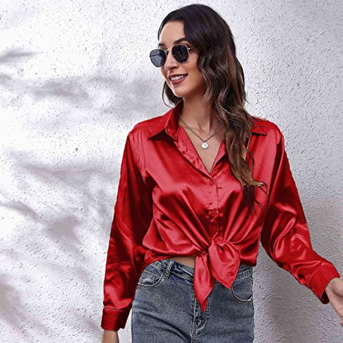 Clotth Damska koszula z długim rękawem z satynowego jedwabiu Button Down Shirt, czerwony, L