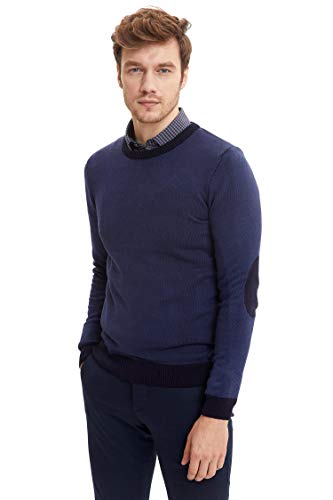 DeFacto Męski sweter z dzianiny z długim rękawem okrągły dekolt - slim fit sweter dla mężczyzn topy (granatowy, XL), grantowy, XL