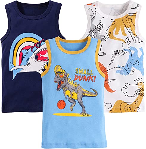 Chłopięcy tank top, zestaw 3 sztuk, podkoszulek dla dzieci, kamizelka, bez rękawów, t-shirty, 4-5 lat, dinozaury, rekin, rozm. 110, Dino rekin, 110