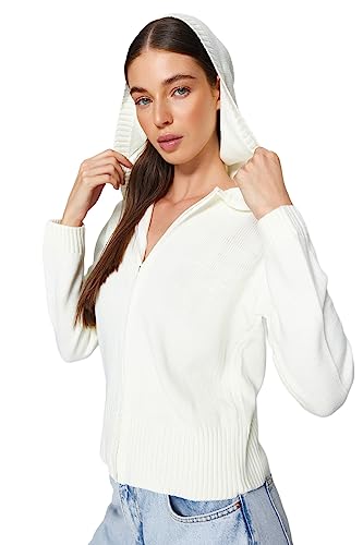 Trendyol FeMan Slim Fit Basic Hood Dzianina kardigan, ecru, S, Ecru, S