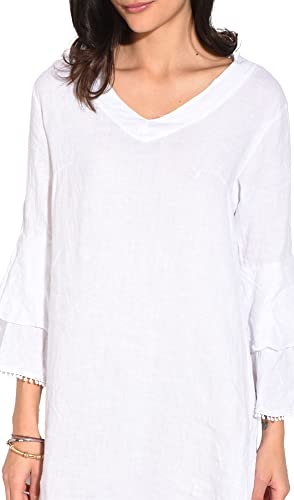 Bonateks Damska sukienka 100% lniana Made in Italy, trapezowa sukienka z koronką i półrękawami, biała, rozmiar: L, biały, L