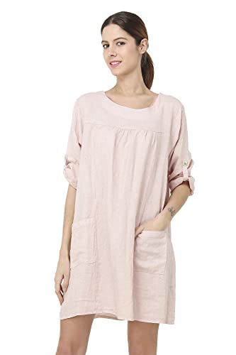 Sukienka damska 100% lniana Made in Italy, Krótka sukienka z okrągłym dekoltem z zapinanymi na długie kieszenie i rękawy, różowa, rozmiar: M, Różowy, M