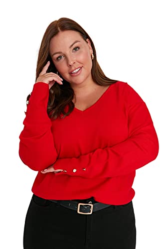 Trendyol Damska bluza z dekoltem w serek, zwykła, plus size, czerwona, XXL, Czerwony