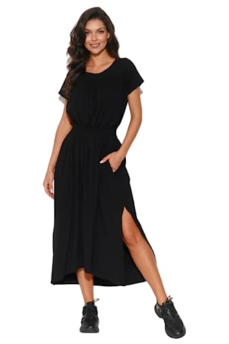 Numinou Damska sukienka ze sznurkiem | 95% bawełna 5% elastan | dzianina | długa sukienka | maxi damska | krótkie rękawy | basic | elastyczna | okrągły dekolt, czarny, 40-42