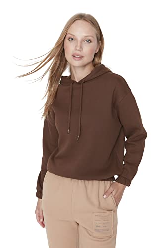 Trendyol Damska bluza z kapturem, zwykła, brązowa, XL, Brązowy