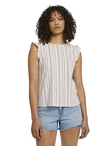 TOM TAILOR Denim Damski Top w paski z falbankami 1026036, 24082 - Creme Black Structured Stripe, M