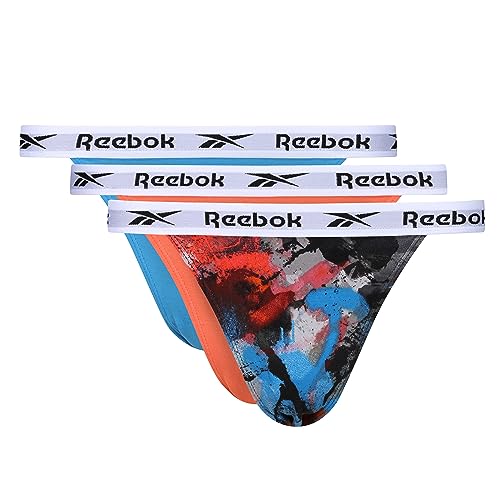 Reebok Damskie majtki stringi w kolorze pomarańczowym/nadrukowym/niebieskim | wygodna bielizna fitness z bawełny i mikrofibry - zestaw 3 sztuk, Czarny/czarny abstrakcyjny nadruk/szary marl, L