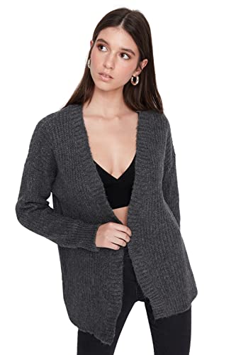 Trendyol Damski zwykły standardowy standardowy kardigan z klapą kołnierz dzianinowy, Antracyt, S