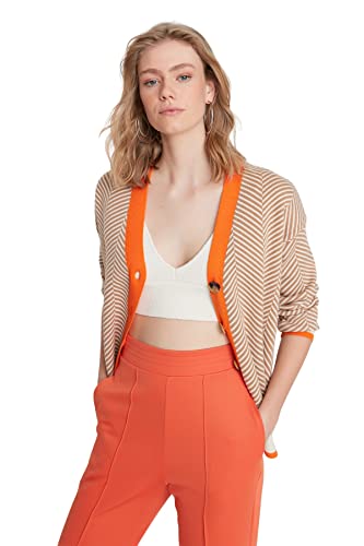 Trendyol Damski sweter rozpinany z dekoltem w serek z kolorowymi blokami, wielbłądzi, M, Wielbłądzi, M