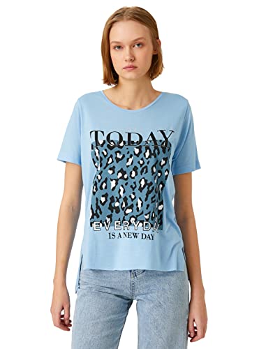 Koton Damska koszulka z nadrukiem, Jasny indygo (600), L