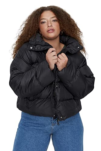 Trendyol Damska kurtka zimowa ze stójką, jednokolorowa, przycięta, plus size, Czarny, 48