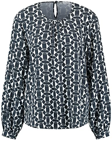 Gerry Weber Damska bluzka z graficznym wzorem, mankiety, długi rękaw, bluzka z długim rękawem, wzór, Ecru/biały/niebieski nadruk, 34