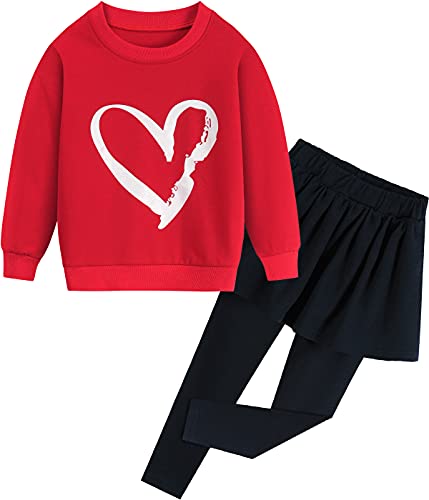 Little Hand Zestaw odzieży dziecięcej dla dziewczynek, w kształcie serca, bluza z długim rękawem, top + spodnie spódniczka, 2-częściowy zestaw strojów, 2-czerwony, 134 cm