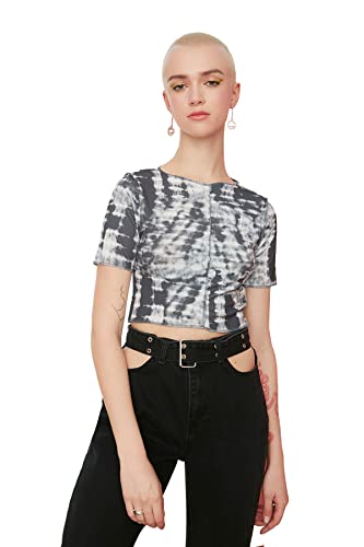 Trendyol Damska bluzka z wzorem batikowym w stylu crop z dzianiny, antracytowa, duża