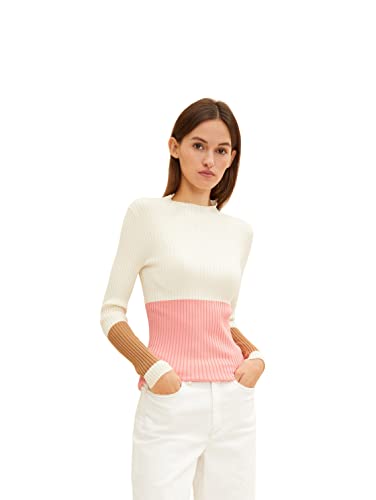 TOM TAILOR Denim Damski Sweter z golfem z blokiem kolorów 1034305, 30566 - Beige Pink Colorblock, L