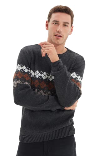 Trendyol Męska bluza z okrągłym dekoltem w romby, slim sweter, antracytowa, L, Antracyt, L