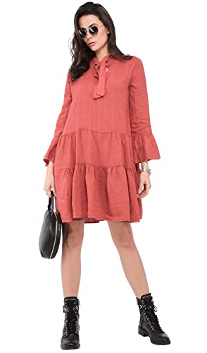 Bonateks damska sukienka 100% lniana wyprodukowana we Włoszech, długa sukienka z kwiatowym nadrukiem i okrągłym dekoltem, granatowa, rozmiar: S, granatowy, S