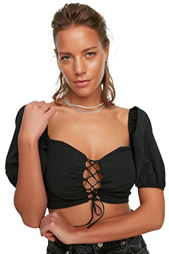 Trendyol Women's czarna wiązana szczegółowa bluzka balonowa Blouse, czarna, 40
