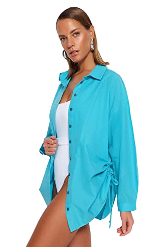 Trendyol Damska koszula plażowa Regular Fit Basic Collar tkana koszula oversize, turkusowy, 36