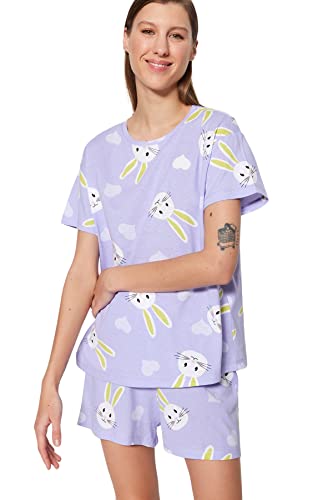 Trendyol Damska koszulka z dzianiny graficznej - zestaw krótkich piżam, liliowy, M, liliowy, M