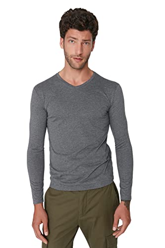 Trendyol Męska koszulka męska Basic Regular Standard z dekoltem w serek, Antracyt, XL