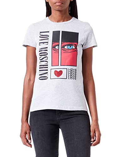 Love Moschino Damska koszulka slim fit z krótkim rękawem z nadrukiem oczu i cekinami, Melange Light Gray, 38