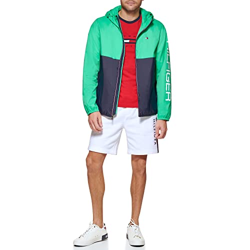 Tommy Hilfiger Męska kurtka przeciwdeszczowa z logo Color Blocked, Aqua Green/Navy blok kolorów, XL