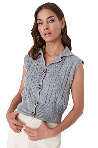 TRENDYOL Bluza damska Crop Polo Collar Knitwear Sweater, szara, S, szary, S